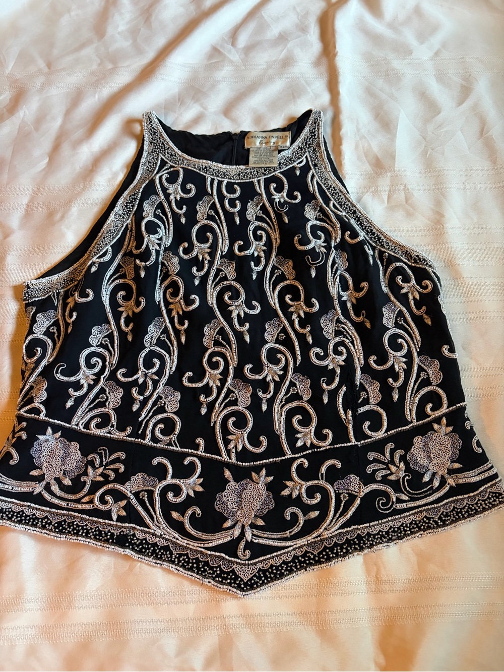 Adrianna Papell Black Camisole with Silver Embroidered Floral Scrolls